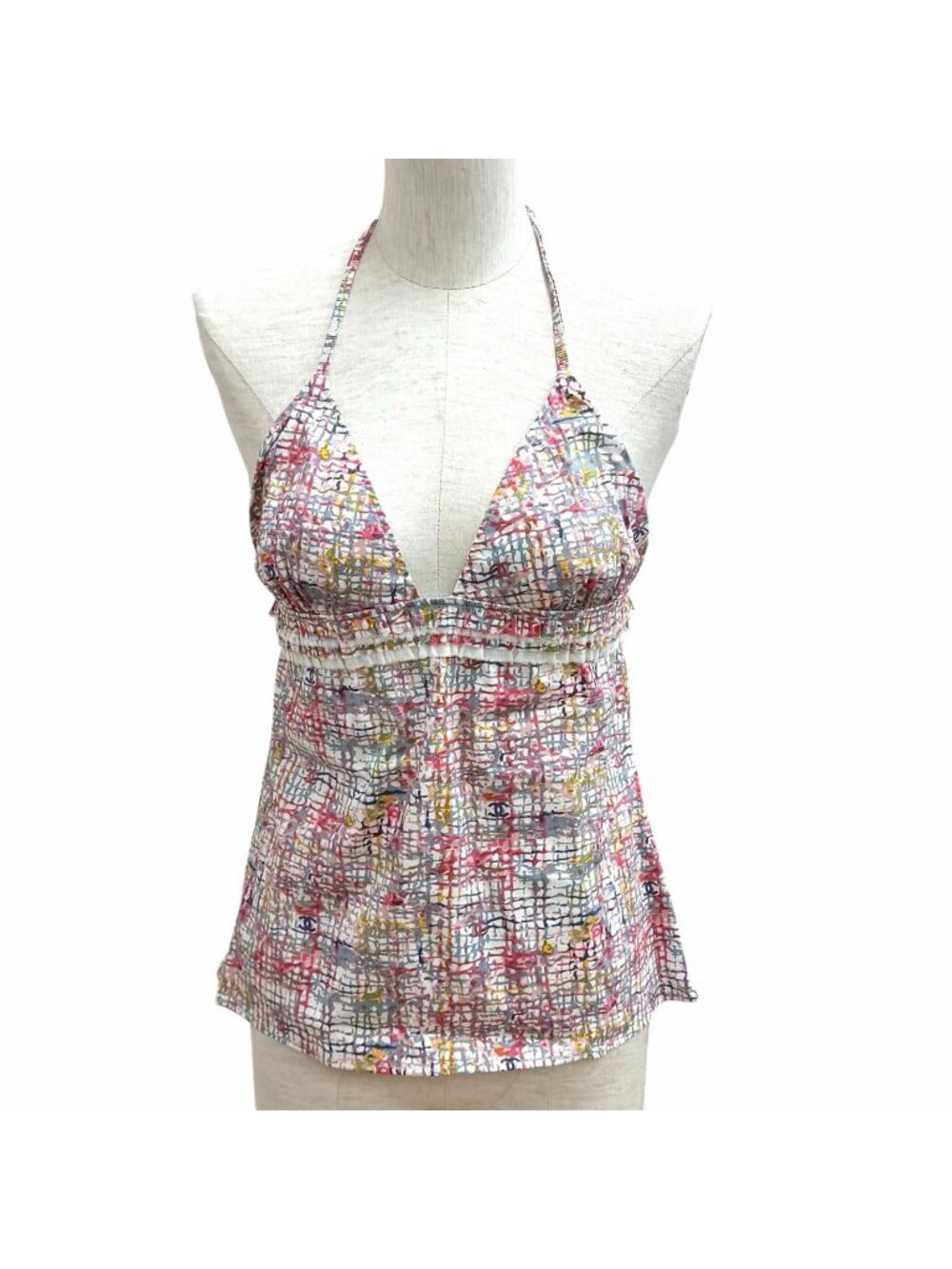 Chanel 05C Tweed CC Logo Print Swimwear Top Multi 40